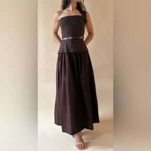 Elegant Brown Strapless Corset Lined Maxi Dress